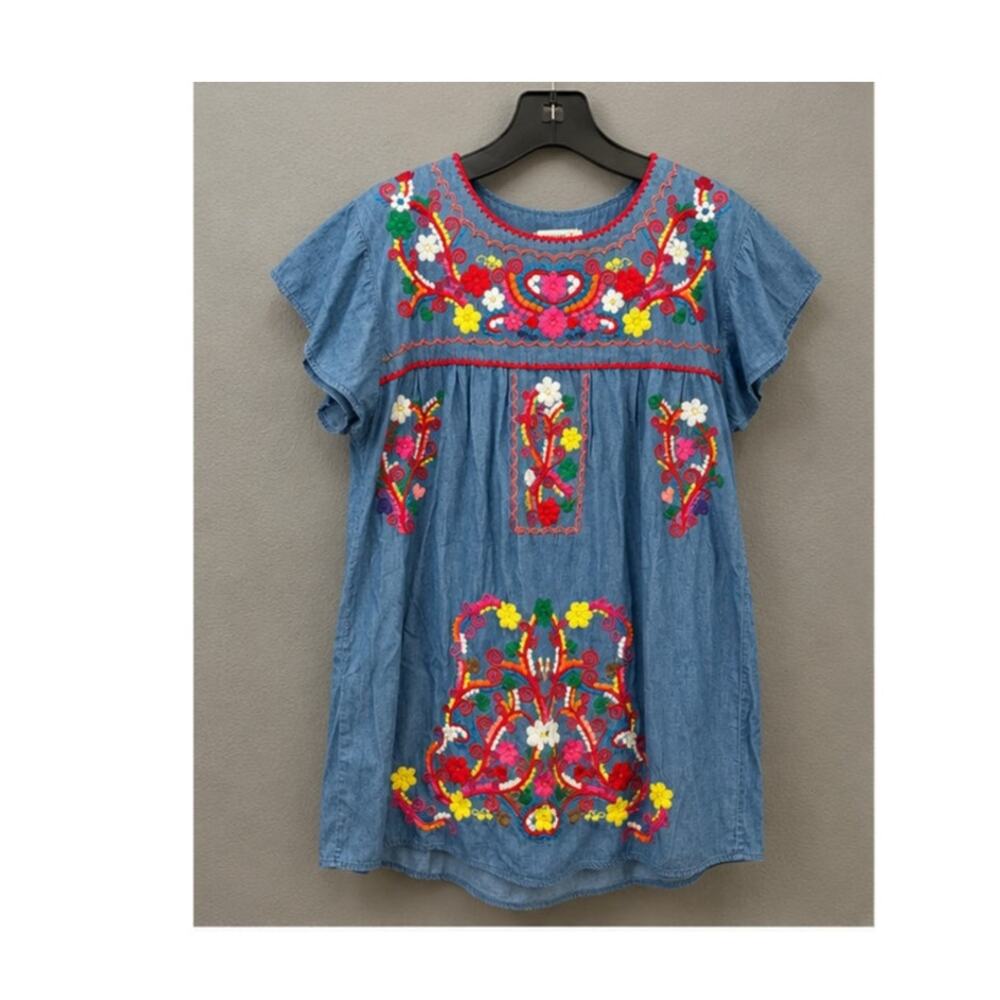 YZXDORWJ Mexican Floral Embroidered Denim Dress – Boho Flutter Sleeve Shift